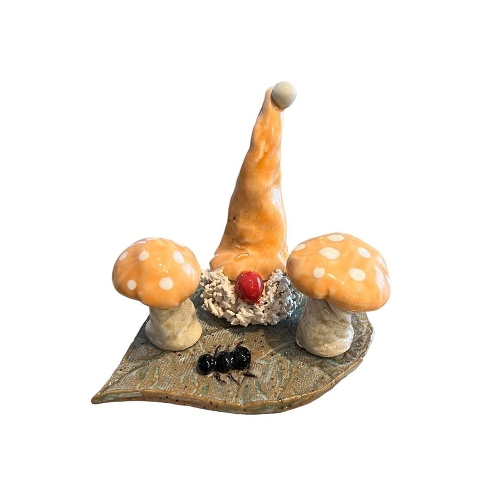Studio Art Pottery Sculpture Magic Mushrooms Gnome Signed J McKinney